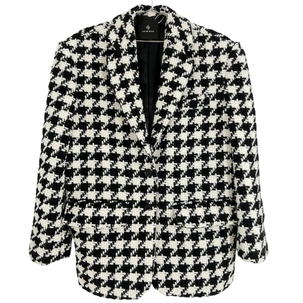 Anine Bing Houndstooth Black And White Quinn Blazer Size L - Picture 2 of 4